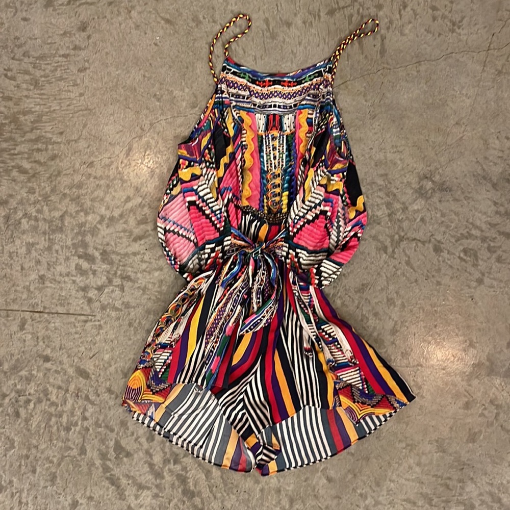 Camilla Shoestring Multi Color Silk Rhinestone Romper sz L - Picture 2 of 9